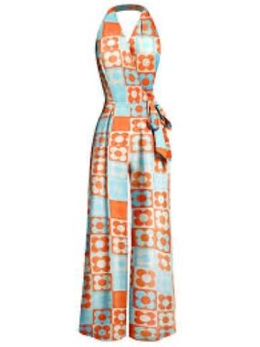 Floral Check Halter Wide-Leg Jumpsuit in Orange and Light Blue